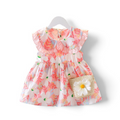 BabyEase toddler floral dress with ruffled Peter Pan collar and matching straw crossbody bag with a daisy accent.