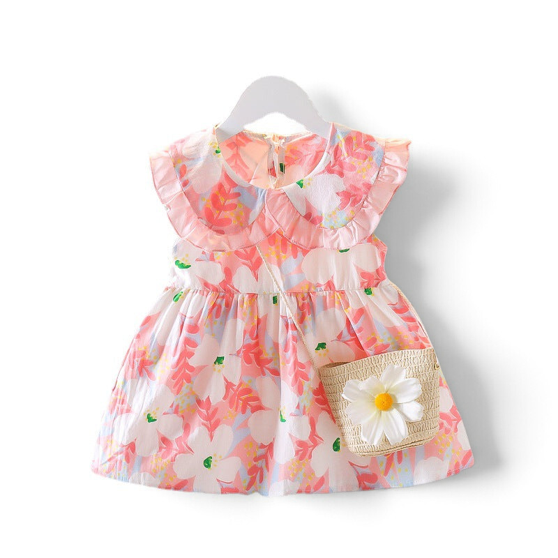 BabyEase toddler floral dress with ruffled Peter Pan collar and matching straw crossbody bag with a daisy accent.