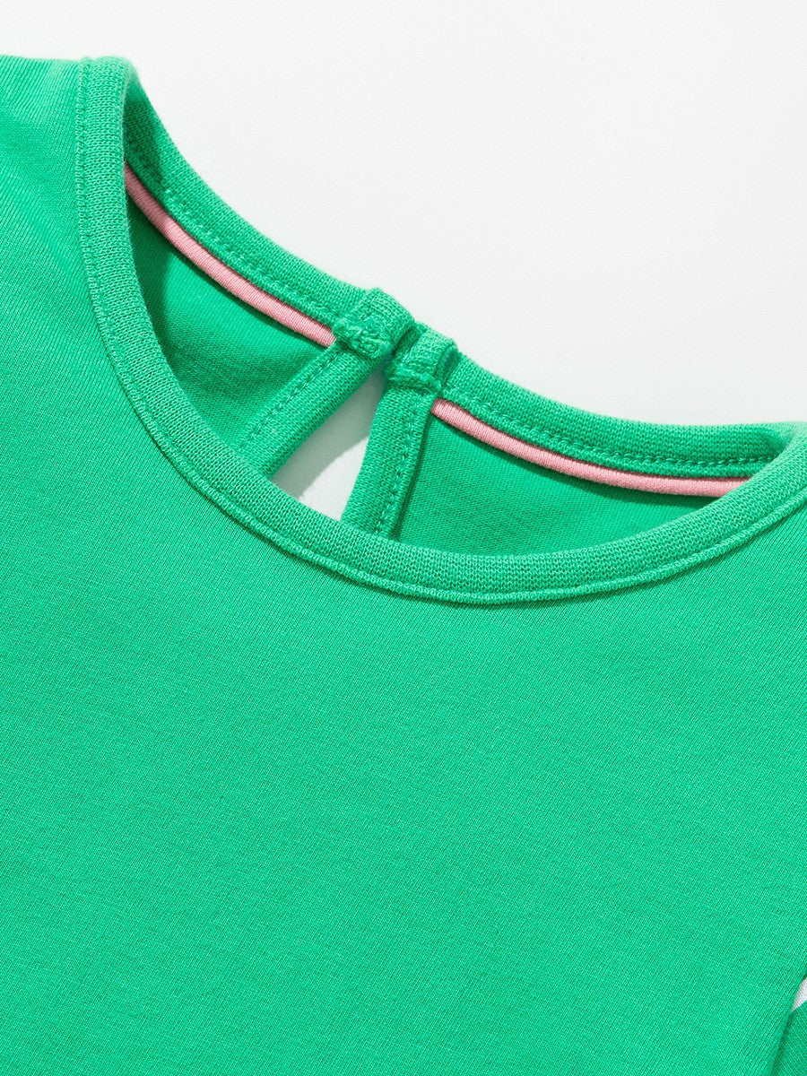 BabyEase green toddler dress featuring a crew neck and a back keyhole with a button closure and pink trim detail
