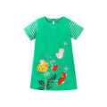 BabyEase green toddler dress with striped sleeves and embroidered mice and dandelion appliqué on the front