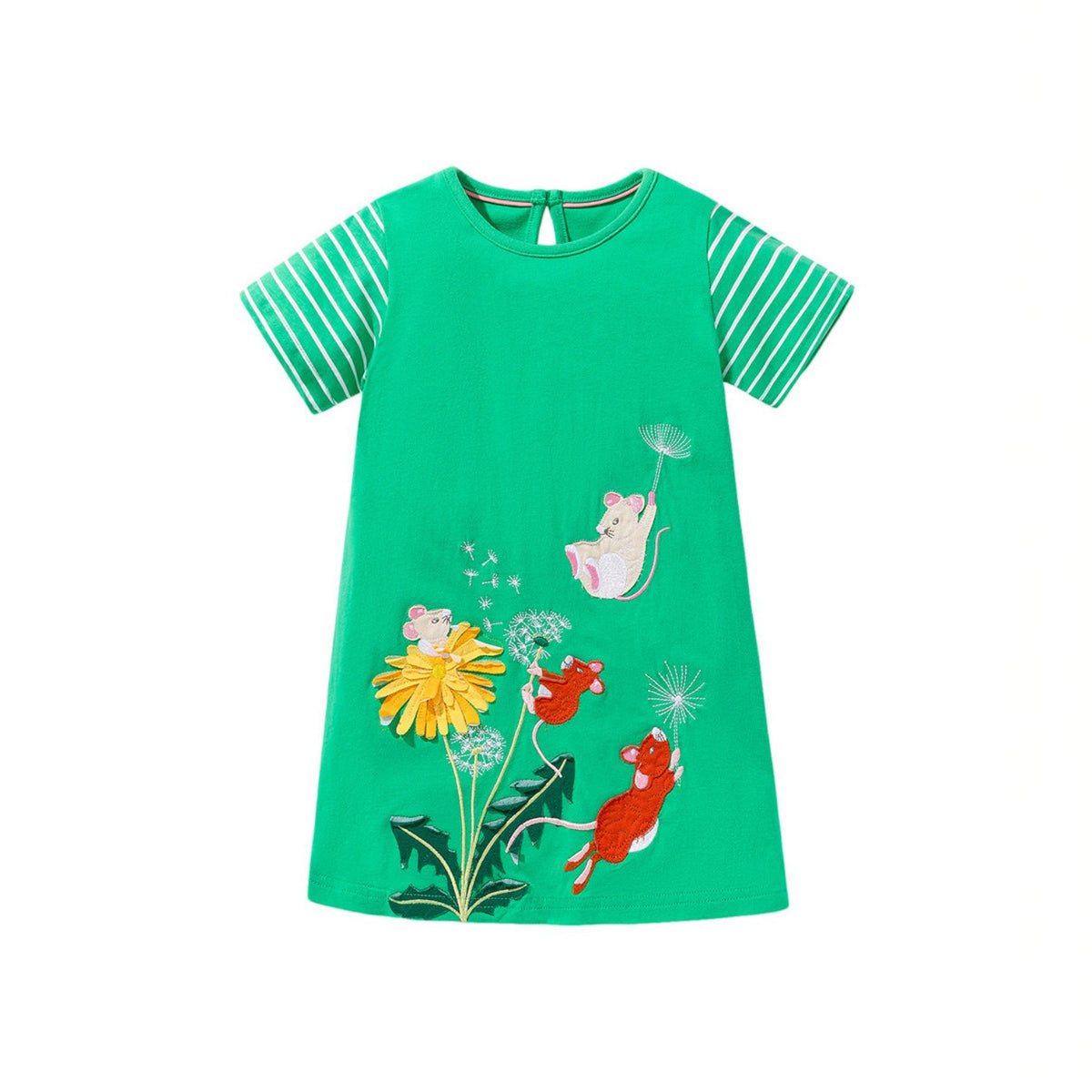 BabyEase green toddler dress with striped sleeves and embroidered mice and dandelion appliqué on the front