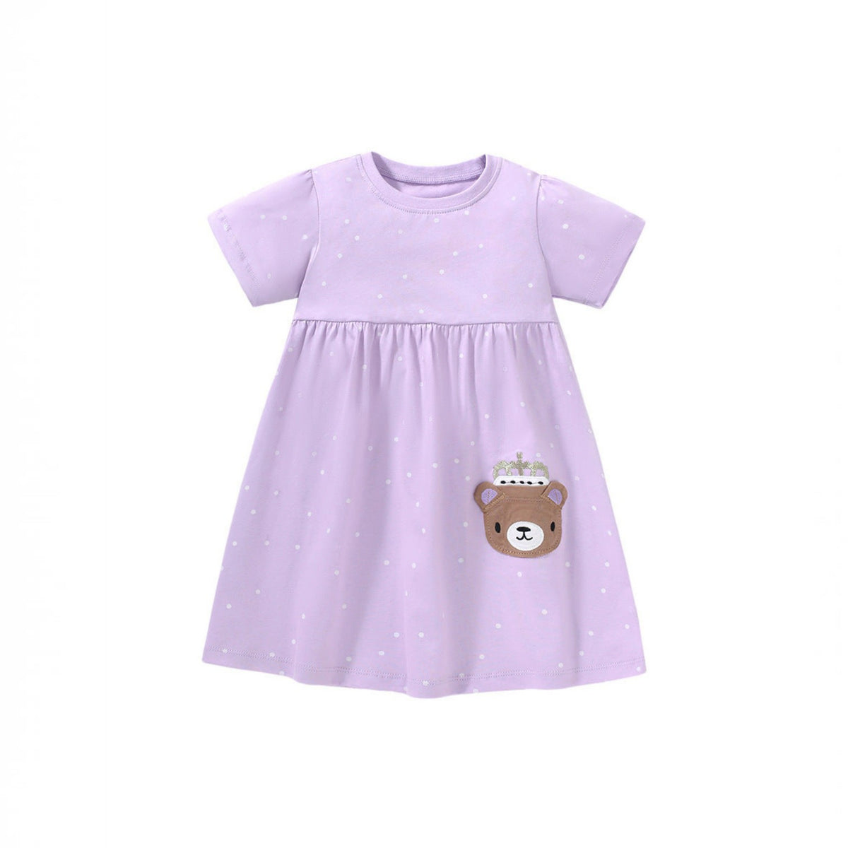 BabyEase lavender polka dot dress for girls featuring a cute bear with a crown applique and short sleeves