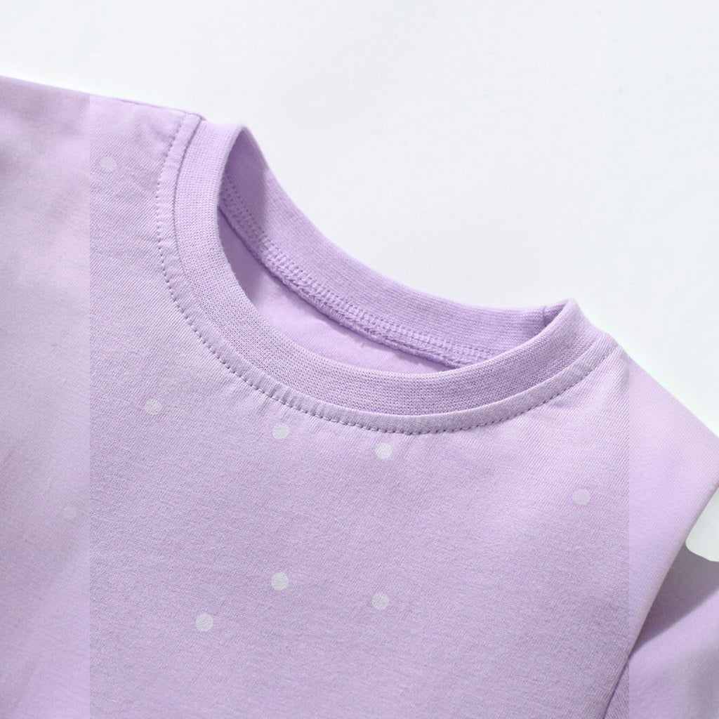 BabyEase lavender cotton dress with a crew neck and subtle white polka dot pattern for toddler girls