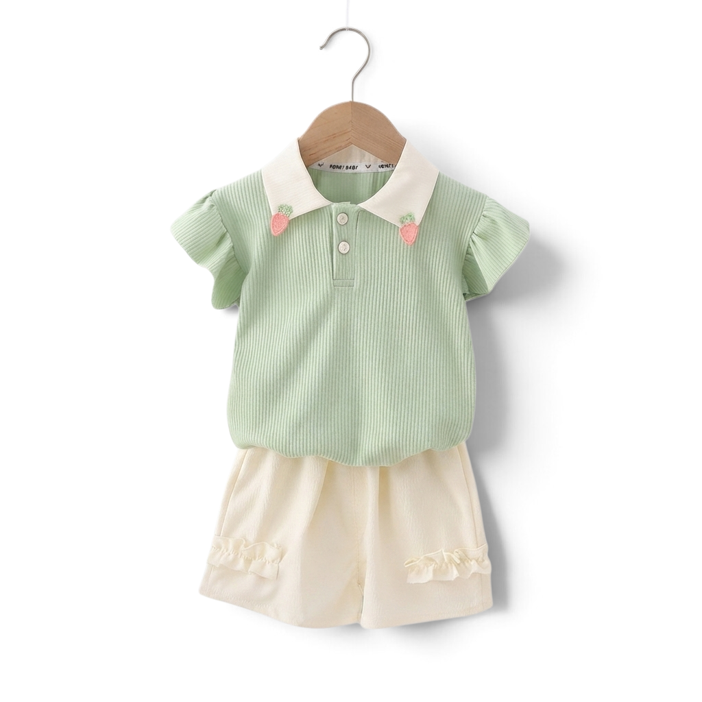 BabyEase mint green ribbed polo shirt with strawberry collar and cream ruffled shorts two-piece baby girl outfit set