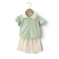 BabyEase mint green ribbed polo shirt with strawberry collar and cream ruffled shorts two-piece baby girl outfit set