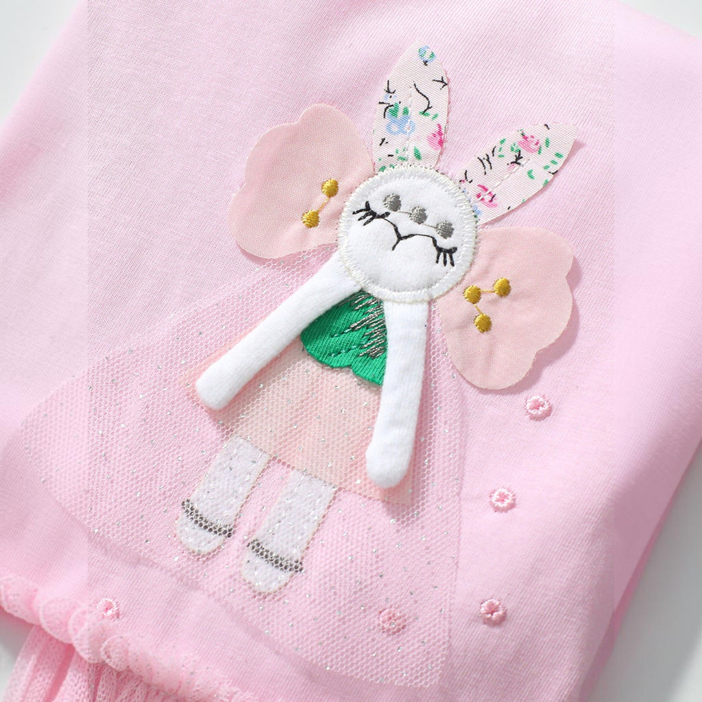 BabyEase pink cotton dress featuring a detailed bunny appliqué with floral ears and shimmering tulle mesh overlay
