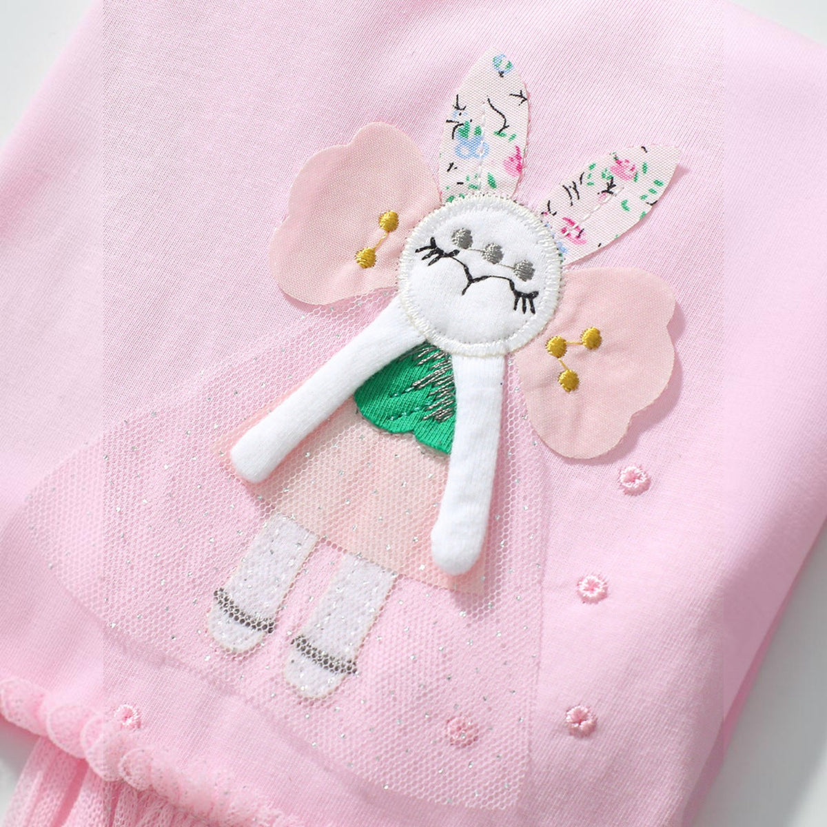 BabyEase pink cotton dress featuring a detailed bunny appliqué with floral ears and shimmering tulle mesh overlay