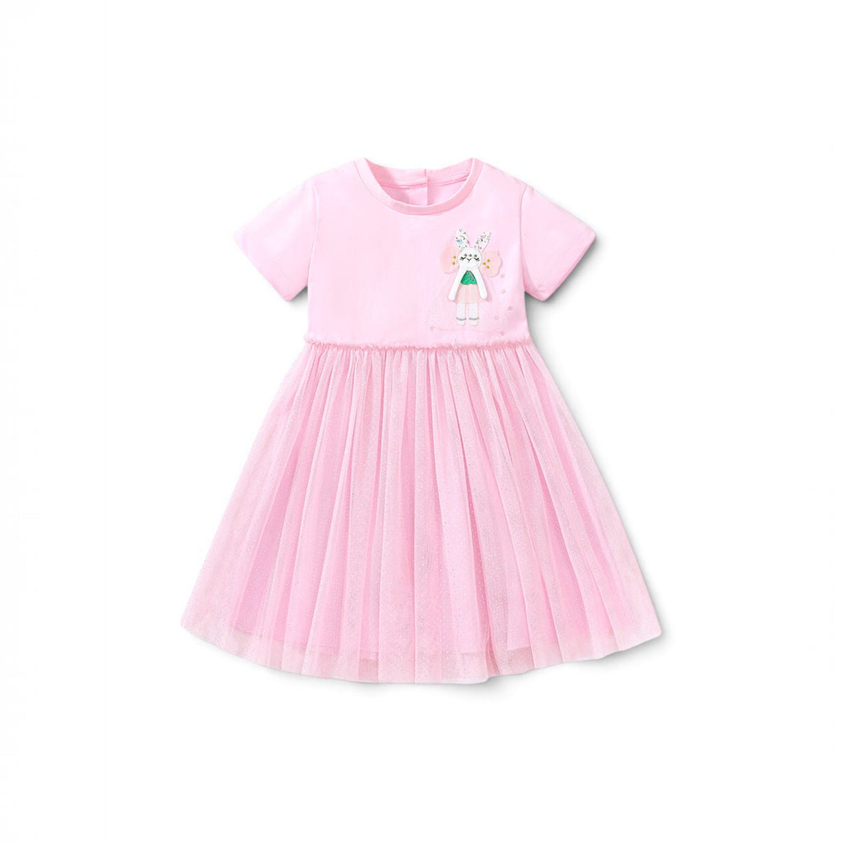 BabyEase pink cotton-blend dress with a cute bunny appliqué and a shimmering layered tulle mesh tutu skirt