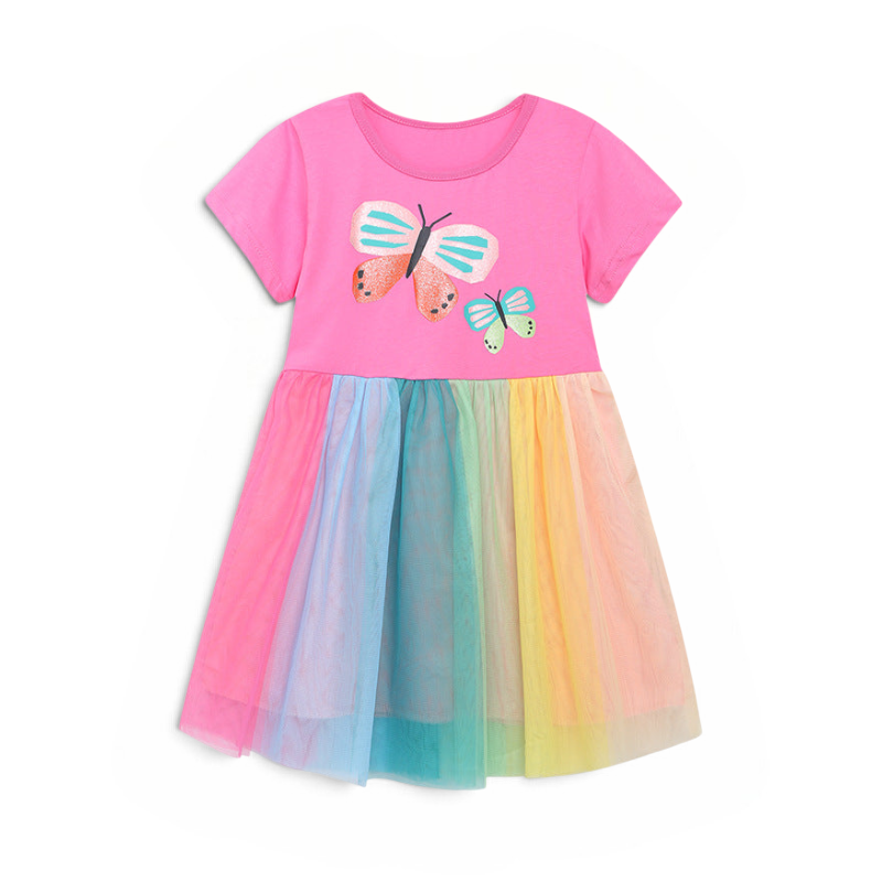 BabyEase toddler girls' pink cotton dress with glittery butterfly graphics and a multi-colored pastel rainbow tutu