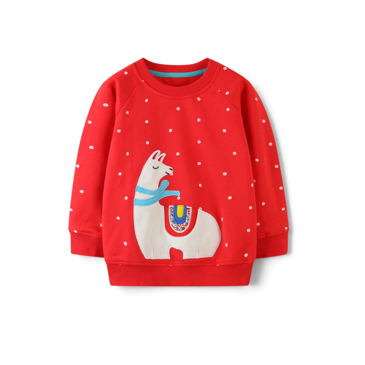 BabyEase red long-sleeve sweatshirt with white polka dots and a cute llama applique for children