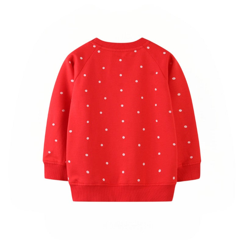 BabyEase red long-sleeve sweatshirt with white polka dots, featuring a ribbed crew neck, cuffs, and hem.