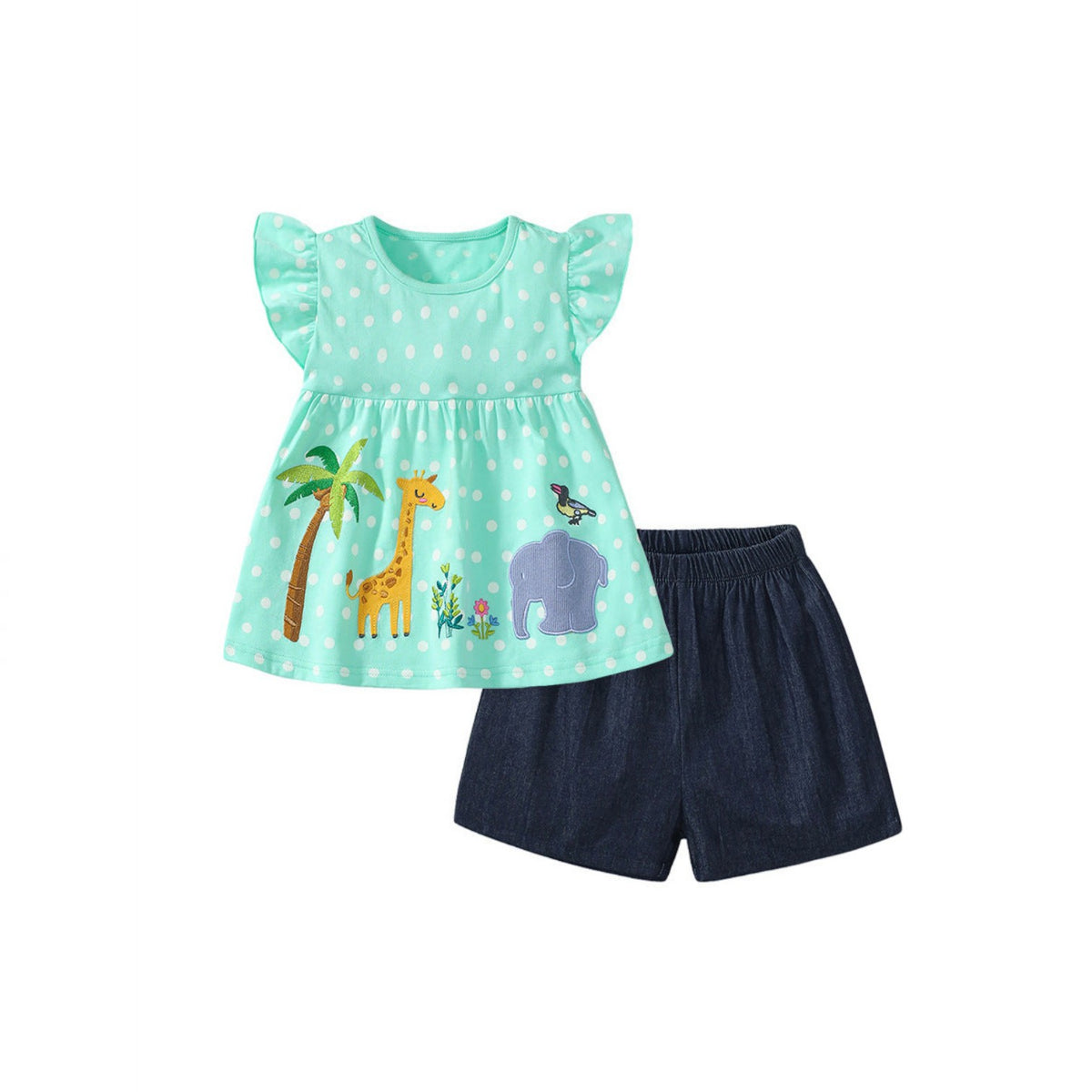 BabyEase mint green polka dot tunic with safari animal print and flutter sleeves paired with dark denim shorts.