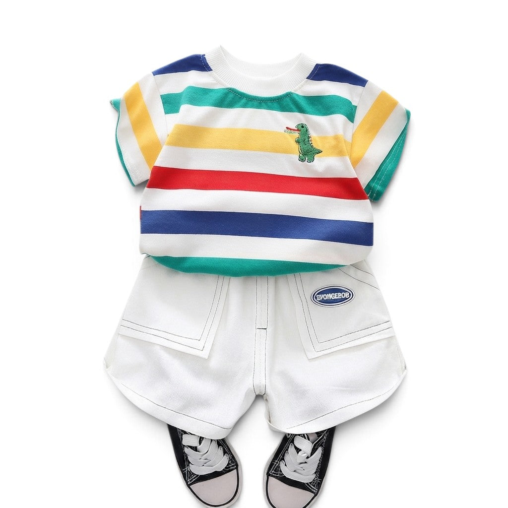 BabyEase toddler outfit with multi-colored striped cotton t-shirt featuring a dinosaur and white shorts.