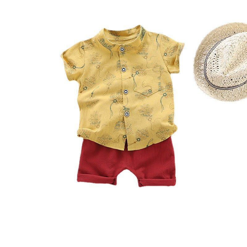 Patterned Mandarin Collar Shirt and Shorts Outfit