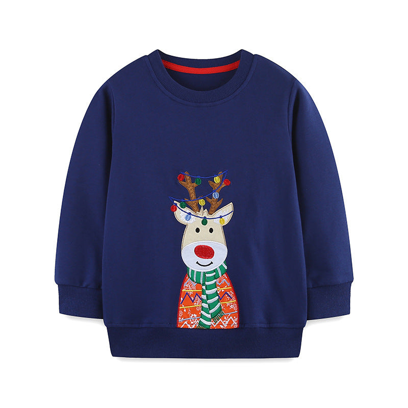 Kids Christmas Reindeer Applique Navy Blue Long-Sleeve Sweatshirt