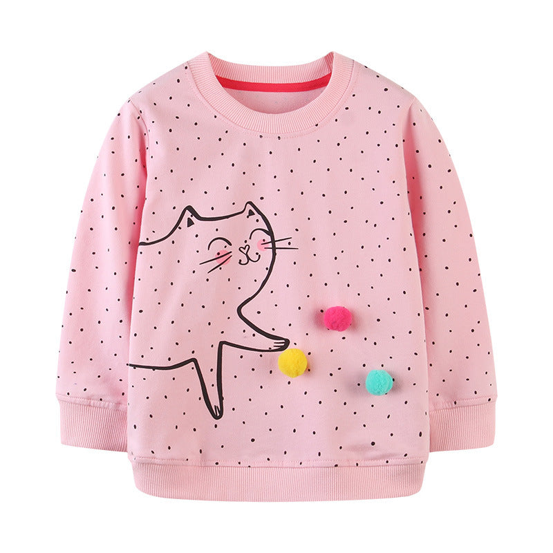 Pink Polka Dot Cat Sweatshirt with Interactive Pom-Poms
