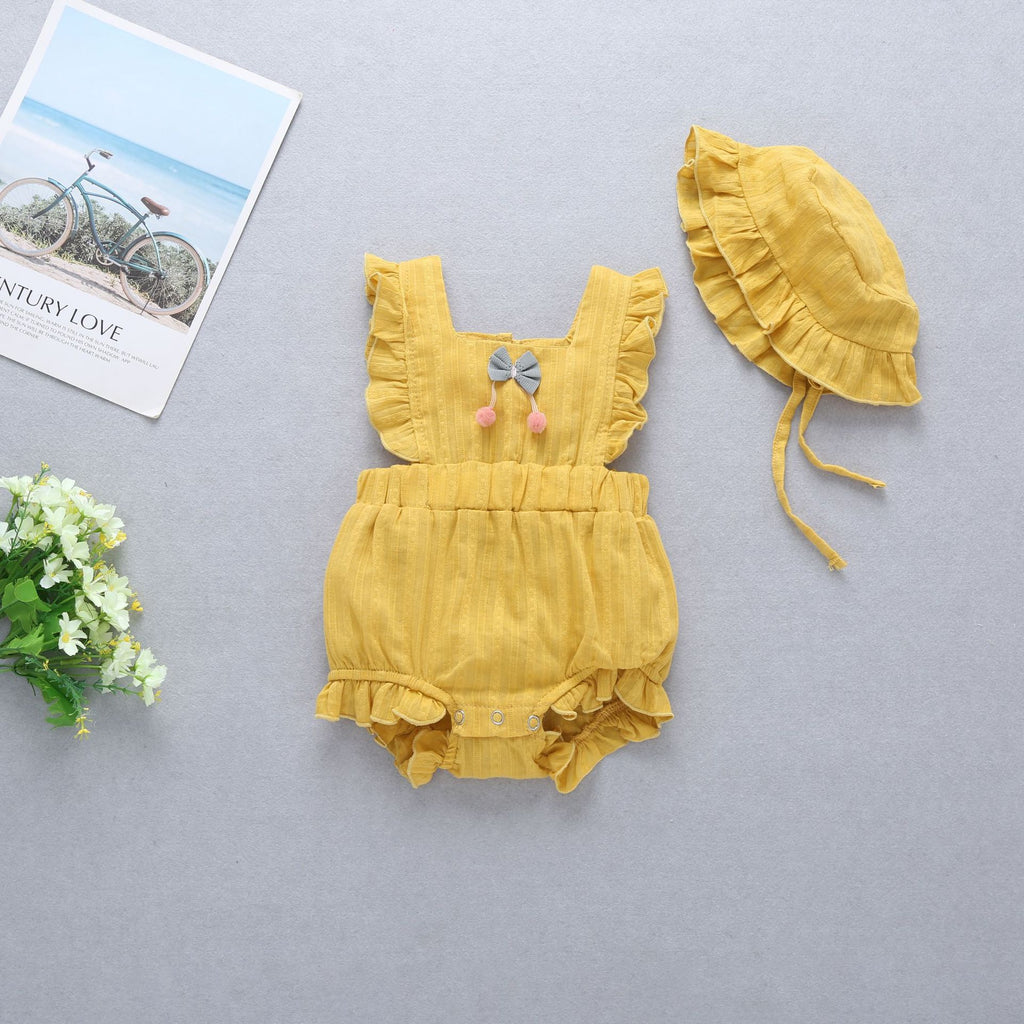 Charming Yellow Ruffle Baby Romper and Matching Sunhat Set