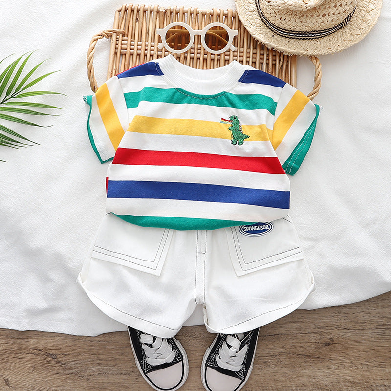 Multi-Color Striped T-Shirt and White Shorts Set with Dinosaur