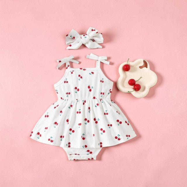 Cherry & Heart Print Romper Set with Headband & Bow Shoes