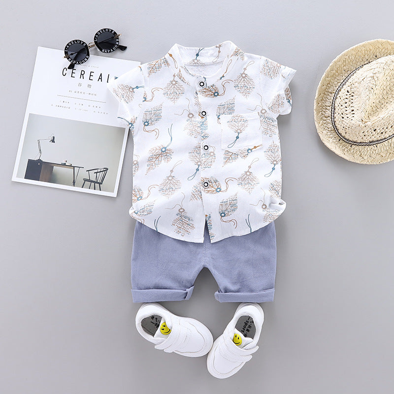 Patterned Mandarin Collar Shirt and Shorts Outfit