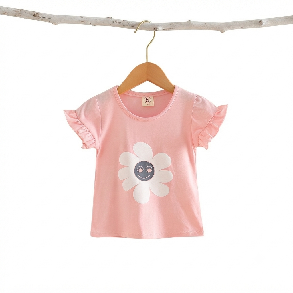 Cute Smiley Flower Ruffle Sleeve T-Shirt