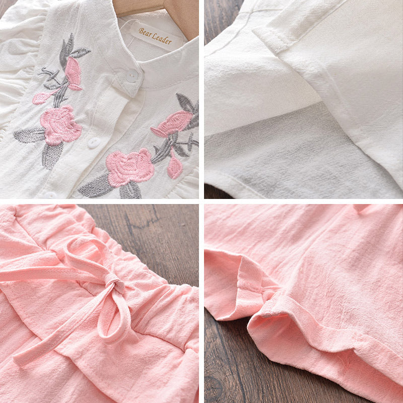 "Blossom & Ruffle"  Premium Embroidered White Blouse and Pink Linen Shorts Set