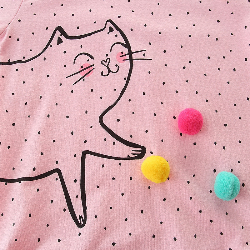Pink Polka Dot Cat Sweatshirt with Interactive Pom-Poms