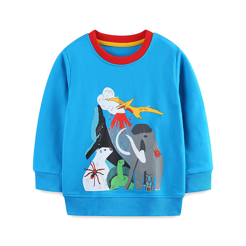 Kids Prehistoric Animals Volcano Blue Long-Sleeve Sweatshirt