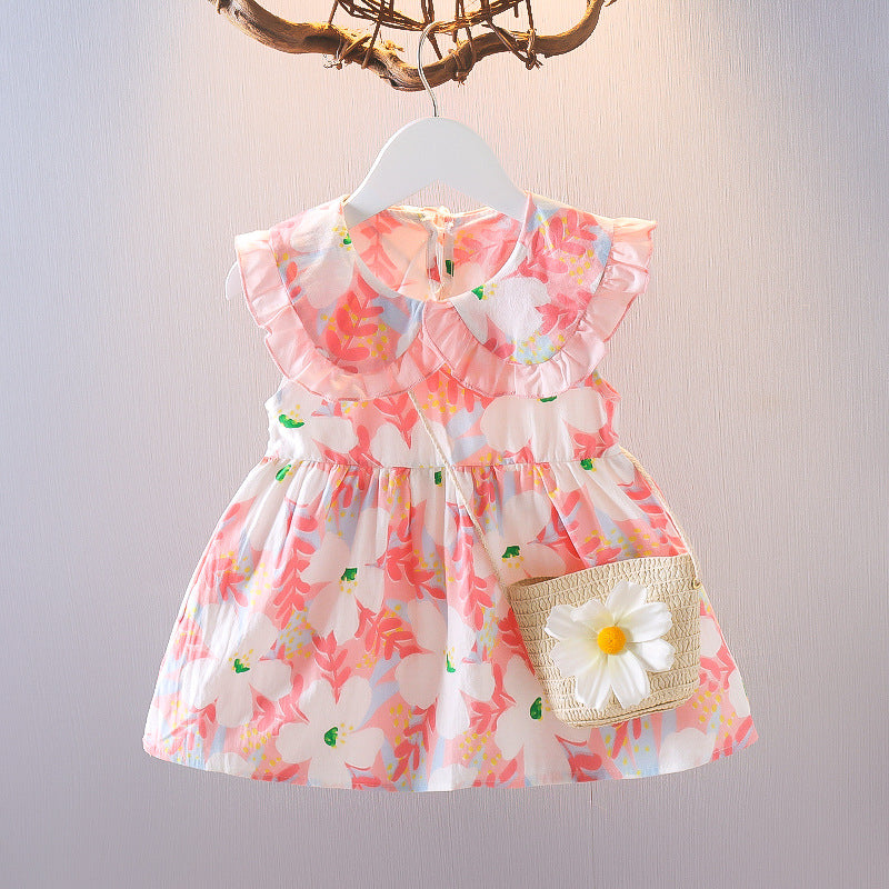 Floral Print Dress and Matching Daisy Straw Bag Set