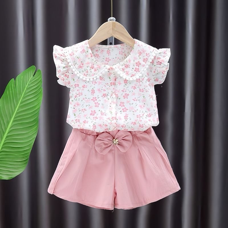 Cute Floral Print Flutter Sleeve Blouse and Bow-Accented Pink Shorts Set for Girls