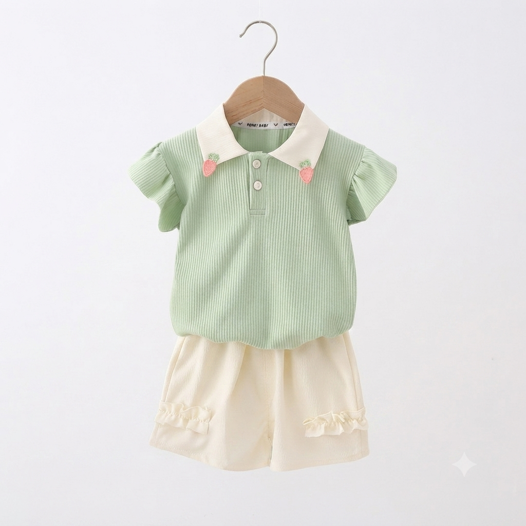 Mint Green Polo Shirt and Cream Ruffled Shorts Two-Piece Outfit Set