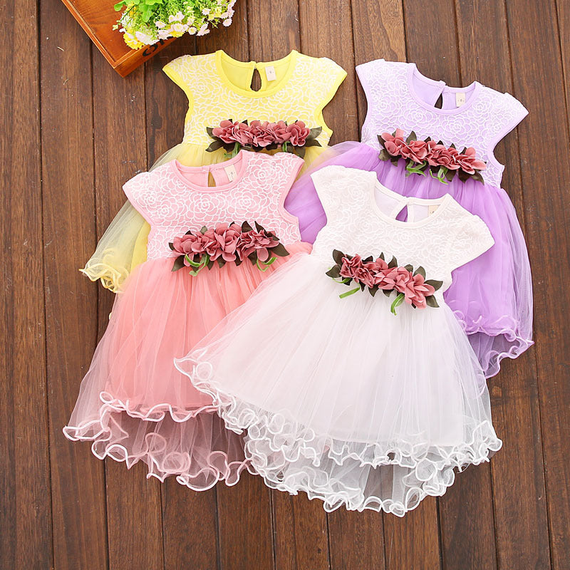 Cute Pink Floral Lace & Tulle High-Low Baby Girl's Party Dress with Flower Sash