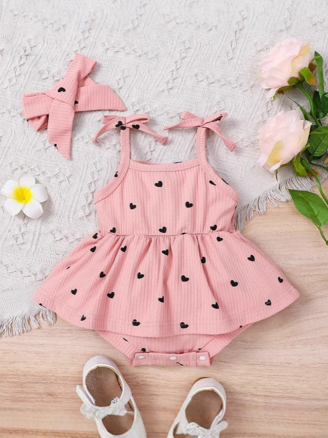Cherry & Heart Print Romper Set with Headband & Bow Shoes