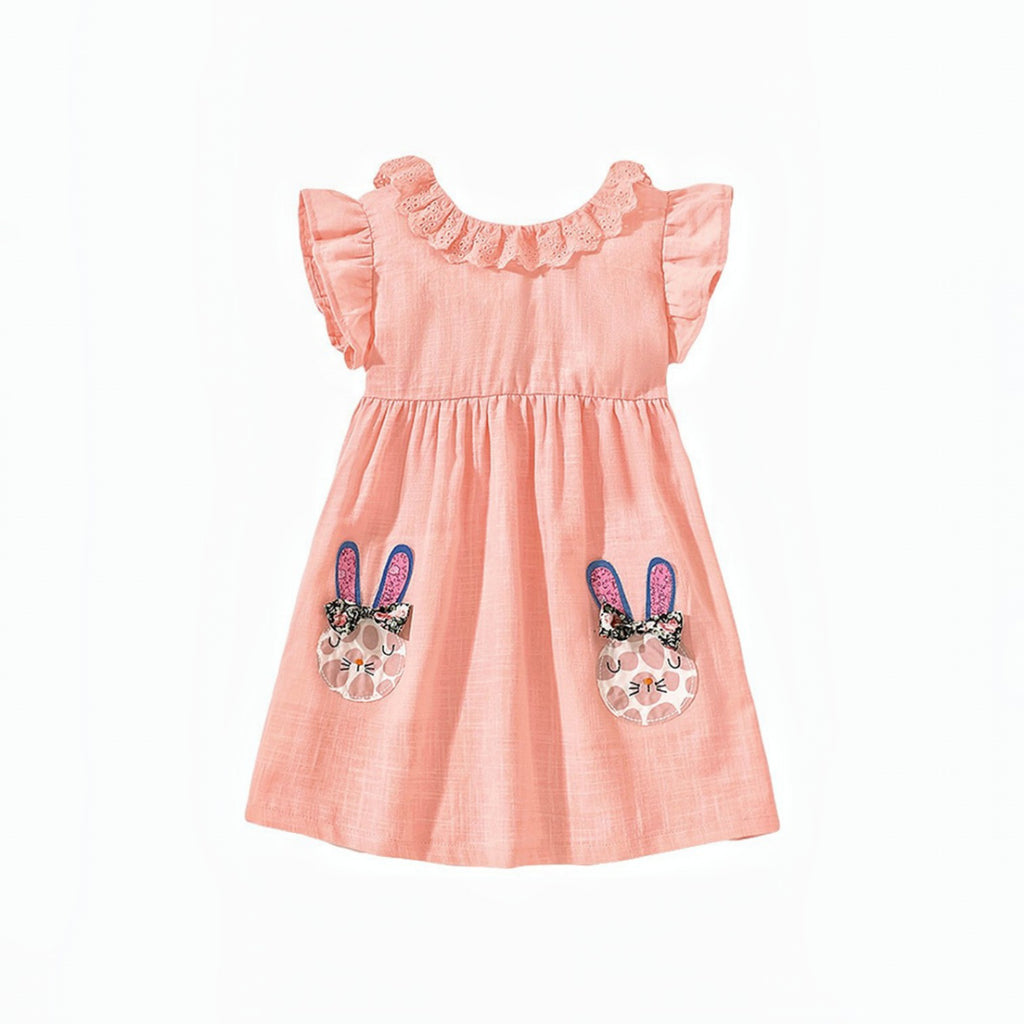 Girls'Bunny Pocket Peach Dress