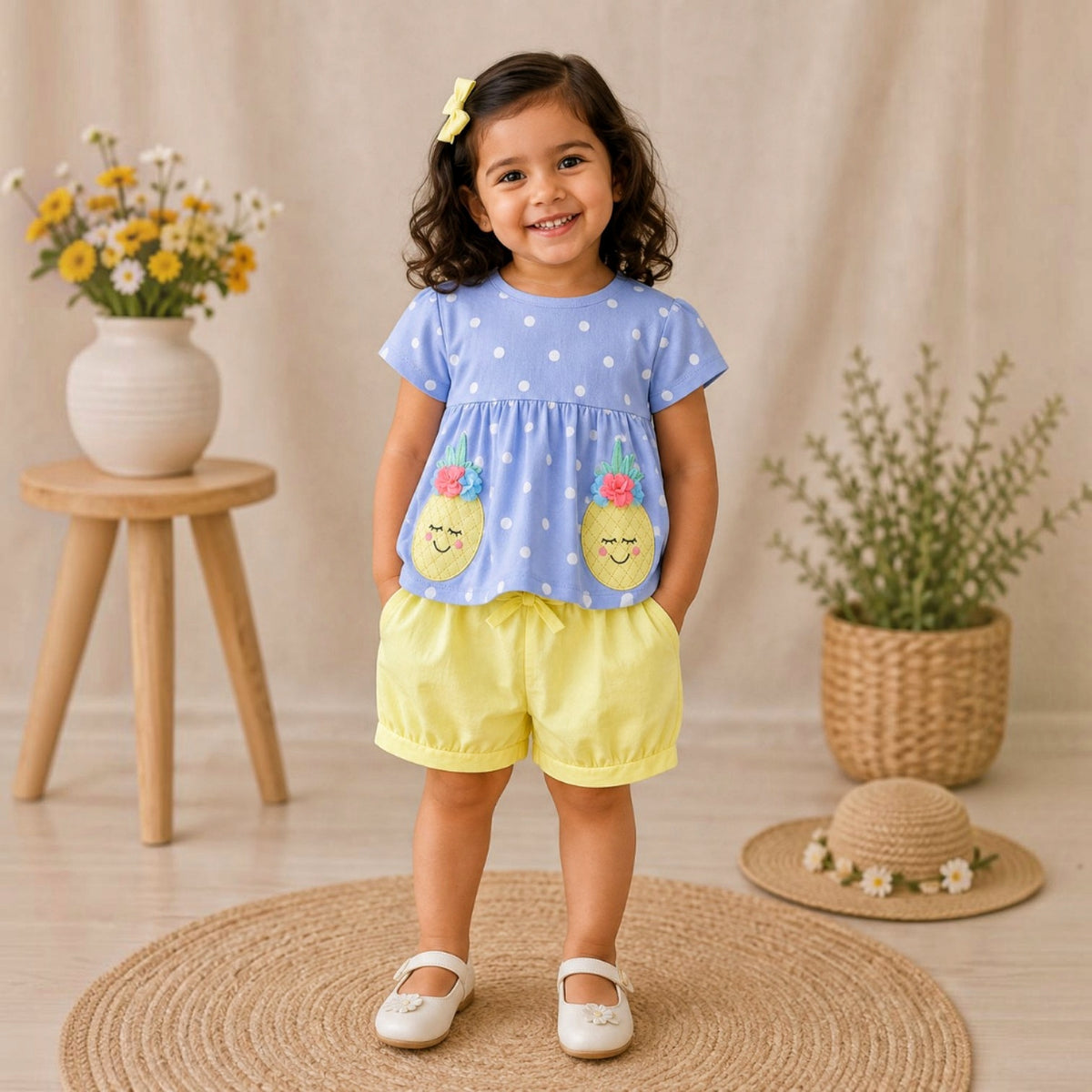 Girls' Pineapple Pocket Polka Dot Top & Shorts