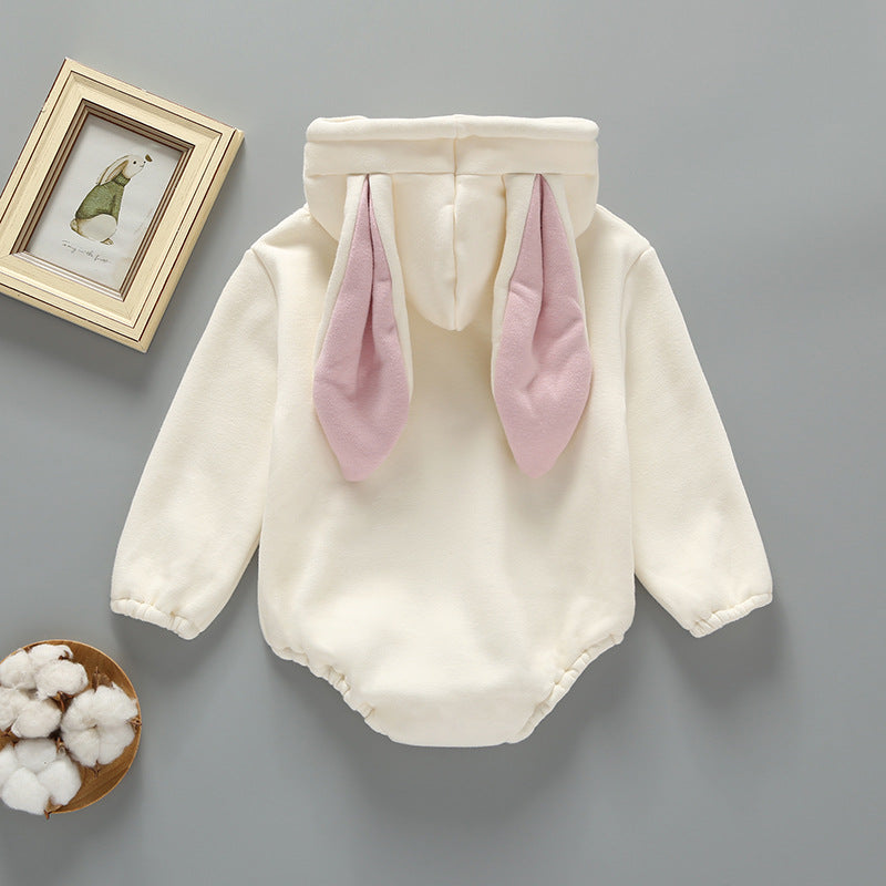 Adorable Baby Rabbit Ear Hooded Bodysuit Set - Cream & Pink