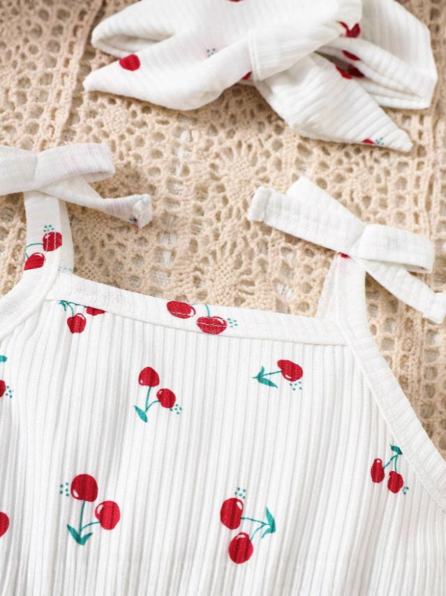 Cherry & Heart Print Romper Set with Headband & Bow Shoes