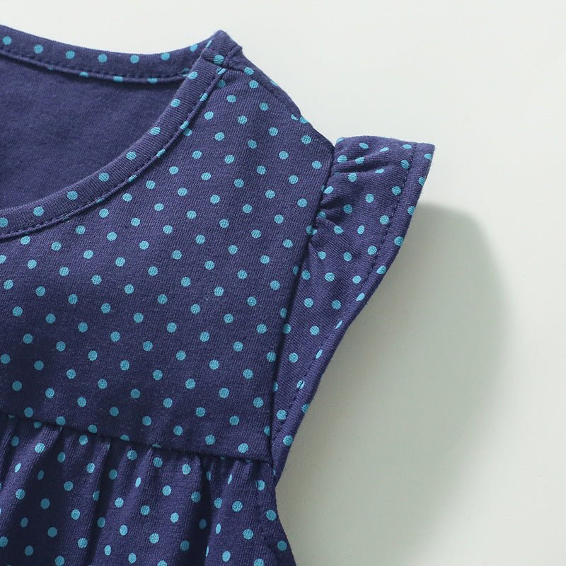 Girls' Cute Duck Appliqué Polka Dot Navy Blue Dress