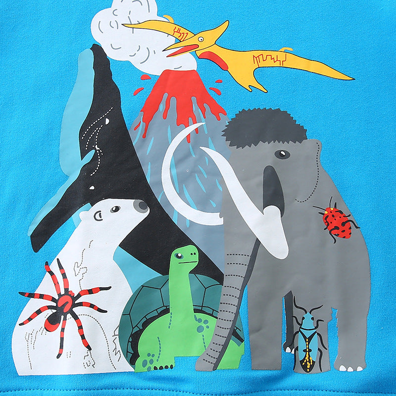 Kids Prehistoric Animals Volcano Blue Long-Sleeve Sweatshirt