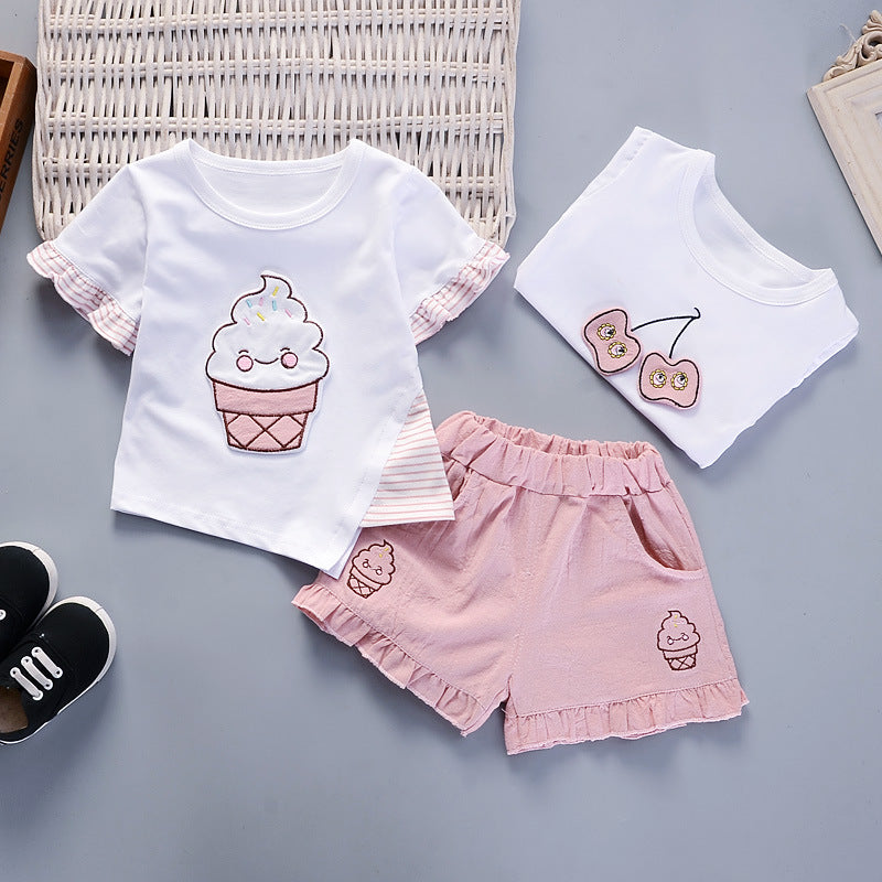 Cream & Cherry Print Toddler Top and Ruffled Shorts Set