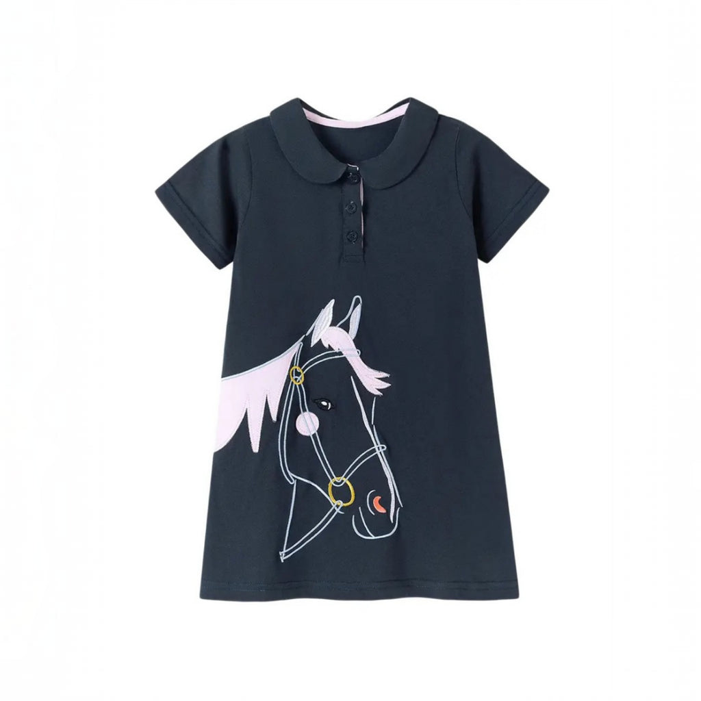 Girls' Dark Navy Horse Polo Dress