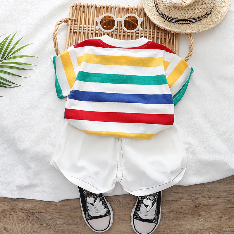 Multi-Color Striped T-Shirt and White Shorts Set with Dinosaur