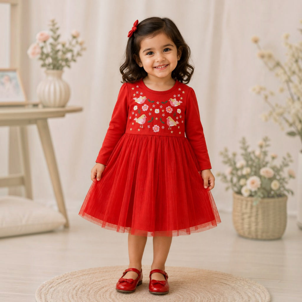 Girls' Embroidered Birds & Flowers Red Dress
