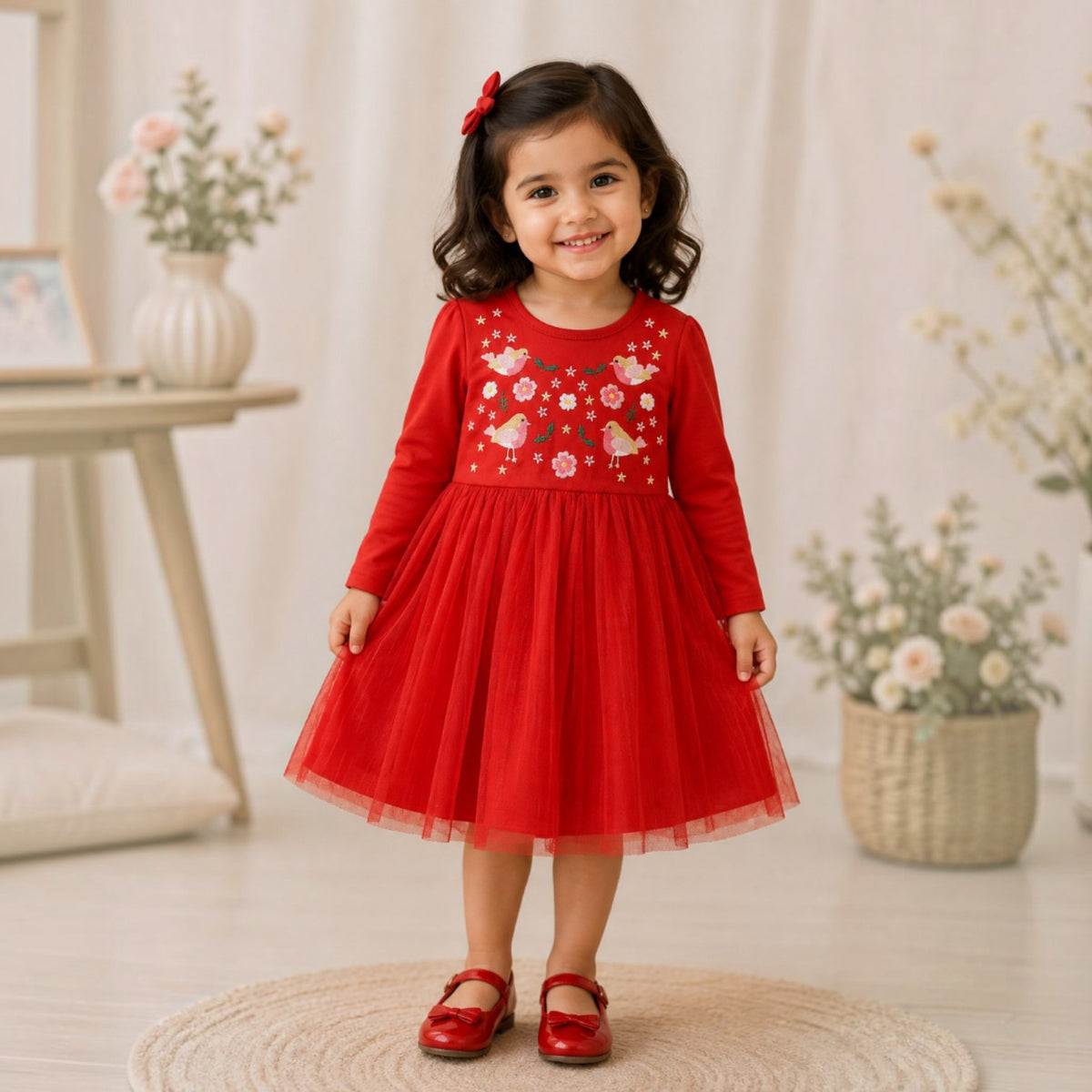 Girls' Embroidered Birds & Flowers Red Dress