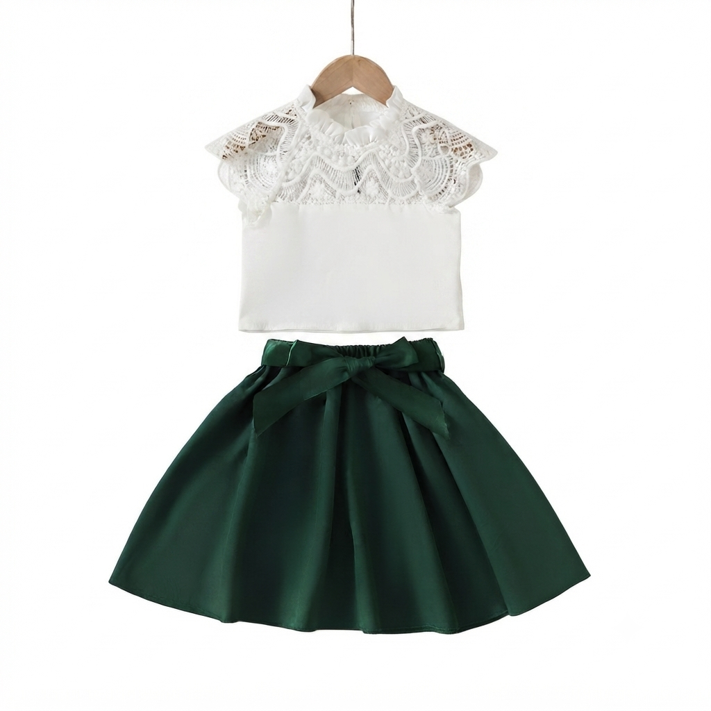 Girls White Lace Top and Green Skirt Outfit Set