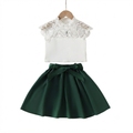Girls White Lace Top and Green Skirt Outfit Set
