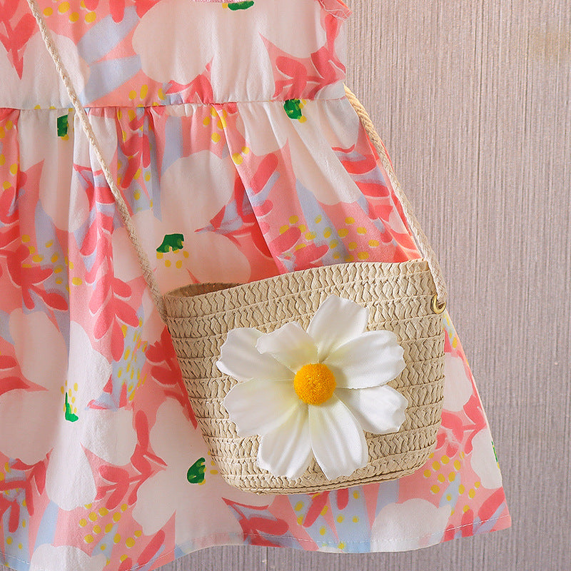 Floral Print Dress and Matching Daisy Straw Bag Set