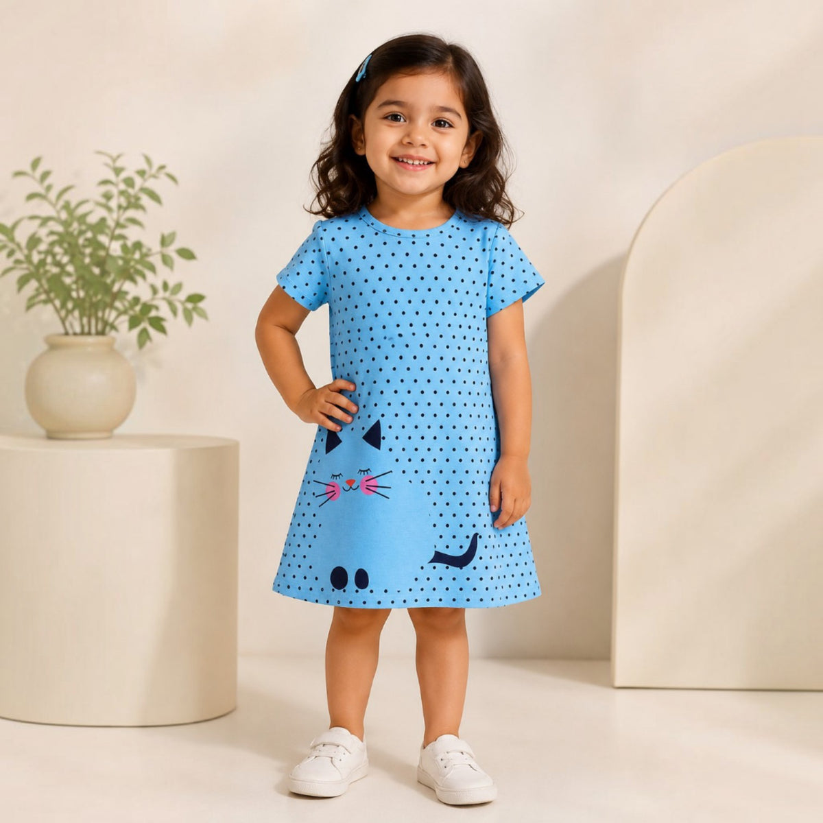 Girls' Cute Kitty Cat Polka Dot Blue Dress