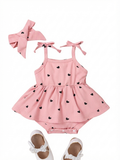 Cherry & Heart Print Romper Set with Headband & Bow Shoes