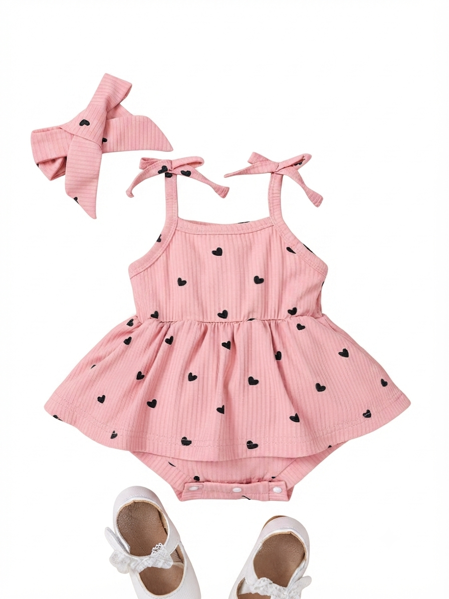 Cherry & Heart Print Romper Set with Headband & Bow Shoes
